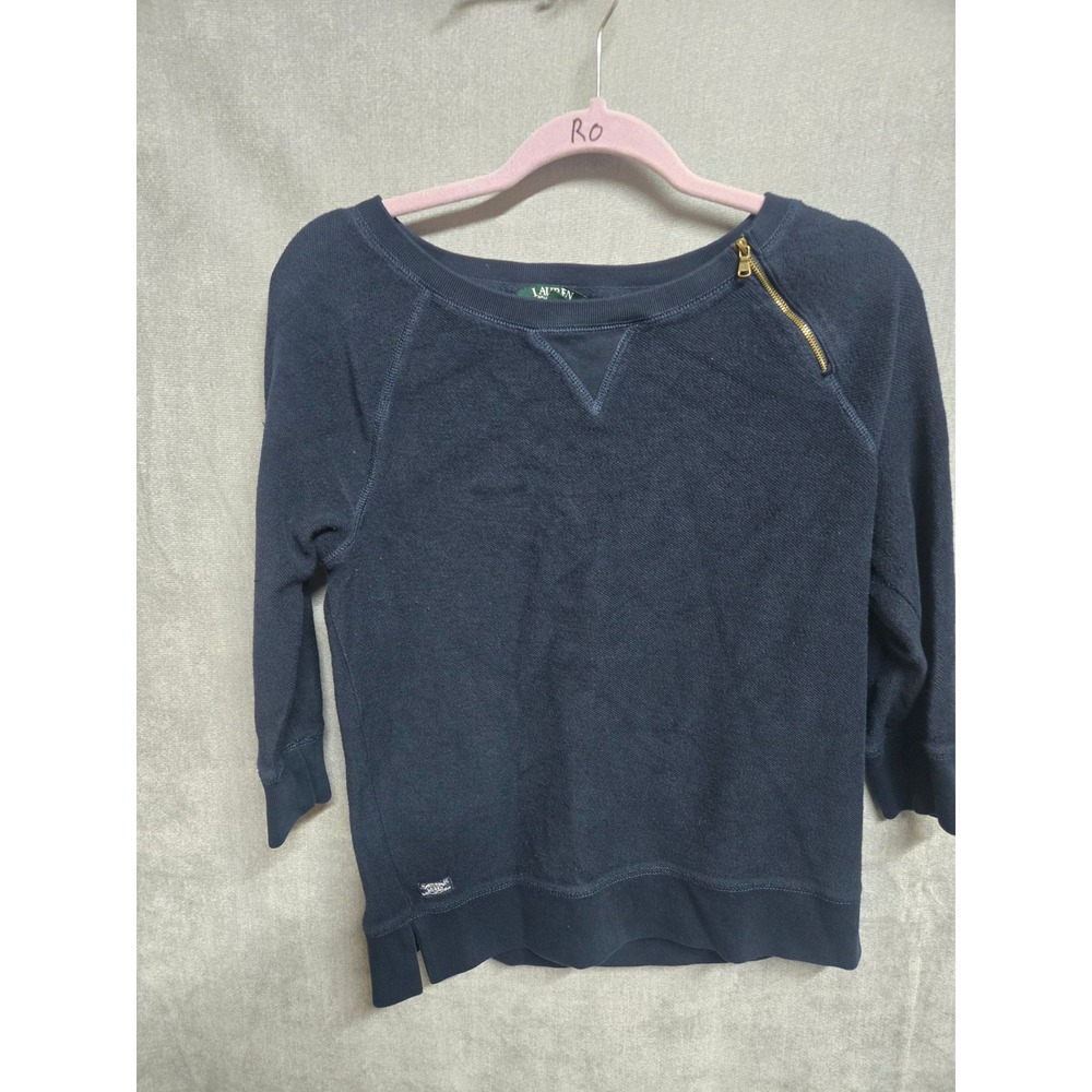 Lauren Ralph Lauren Navy Blue 3/4 Sleeve Shoulder Zip Sweatshirt Navy Blue M